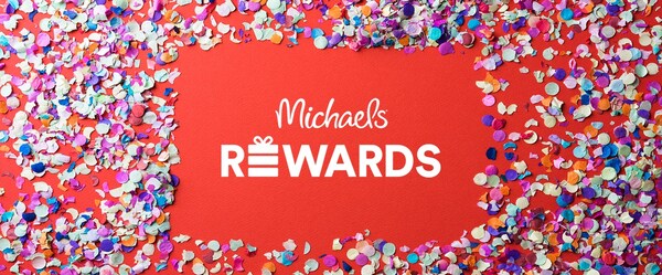 Michaels Rewards logo in white on red background with confetti